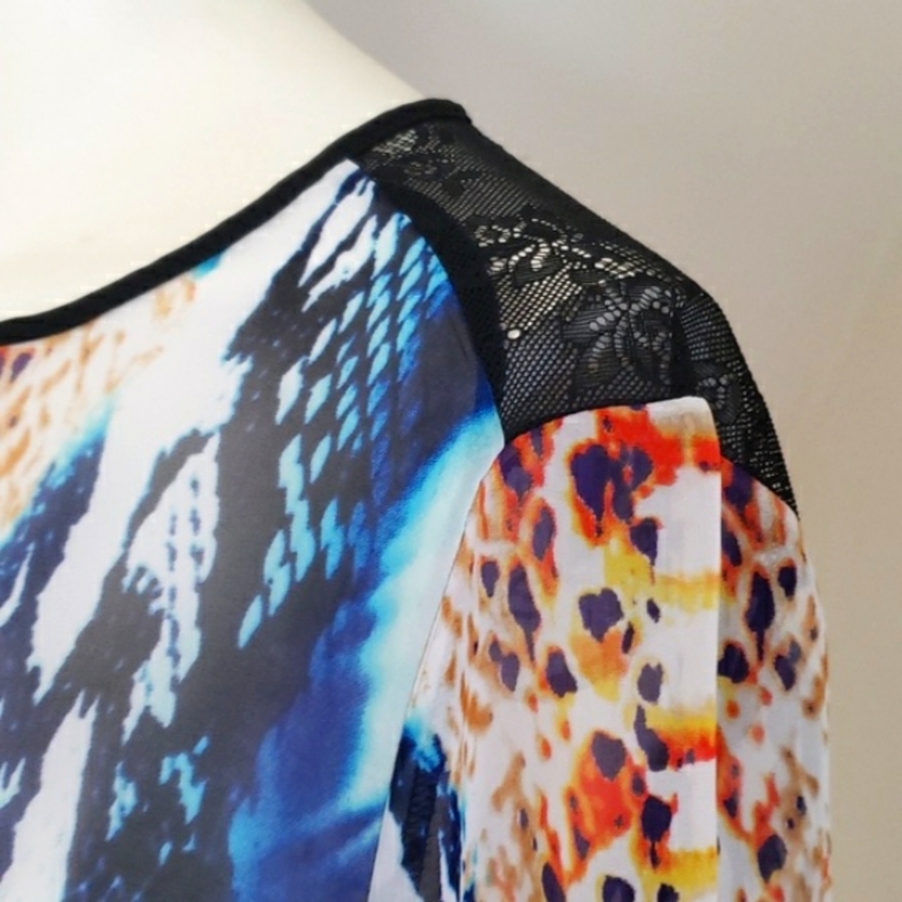 PHILOSOPHY Snake-Print Semi-sheer Multicolor Black Shoulder Lace Trim Top XS - Picture 10 of 16